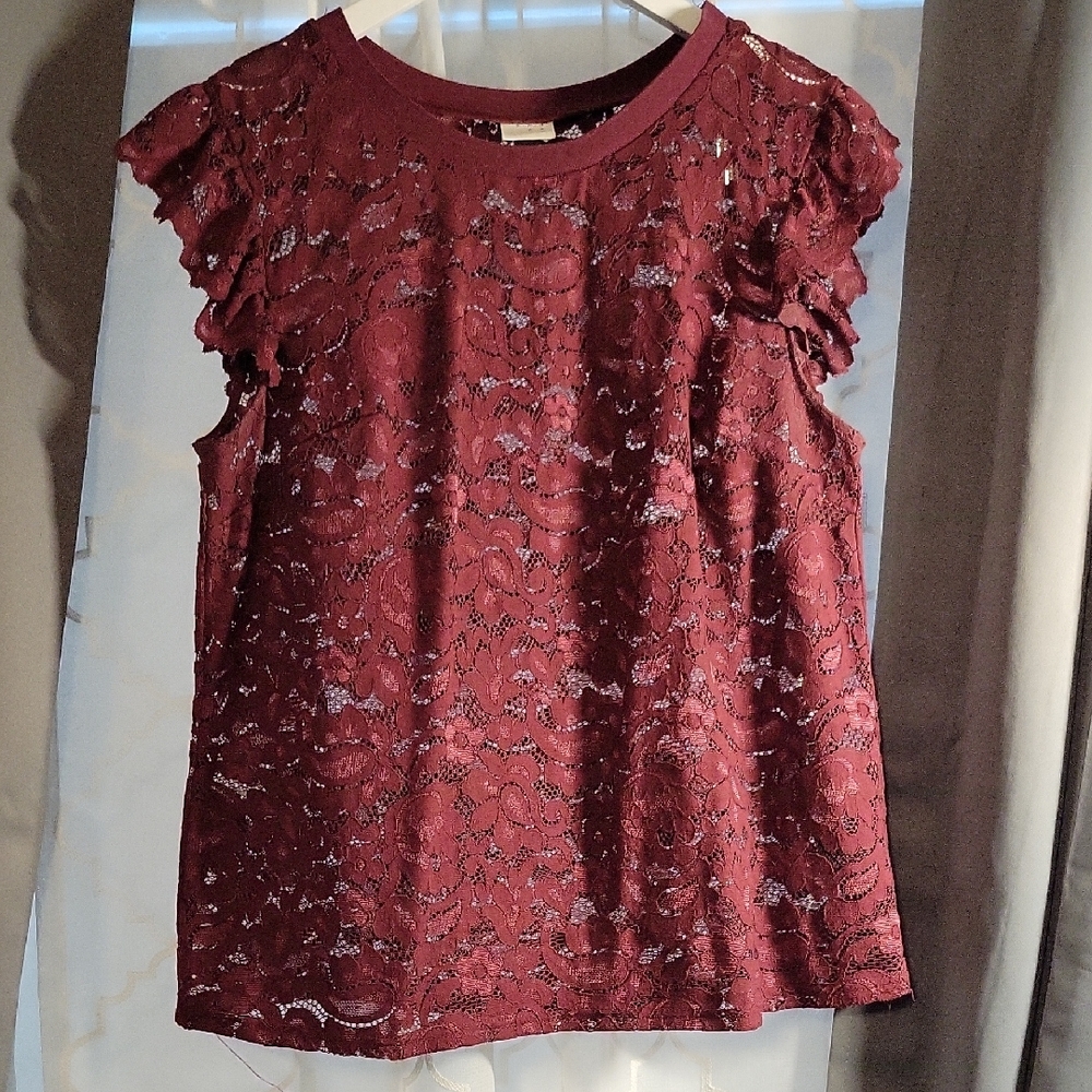 A New Day Wine Flutter Sleeve Ruffled Blouse - Picture 2 of 5